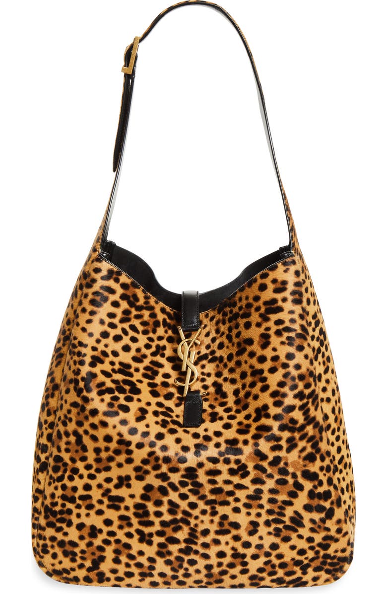 Saint Laurent Large Le 5 à 7 Genuine Calf Hair Shoulder Bag, Main, color, Beige/ Noir