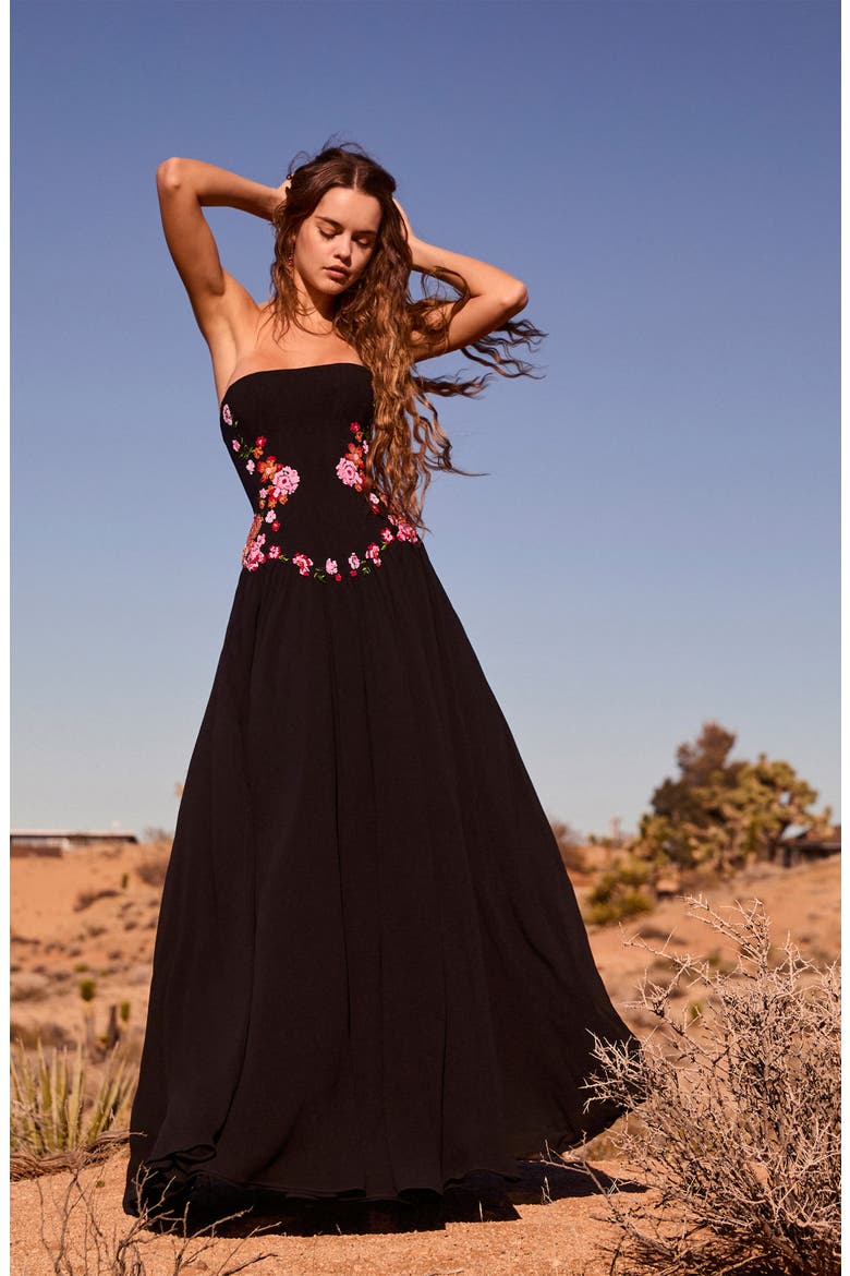 Caroline Floral Appliqué Strapless Maxi Dress, Alternate, color, BLACK
