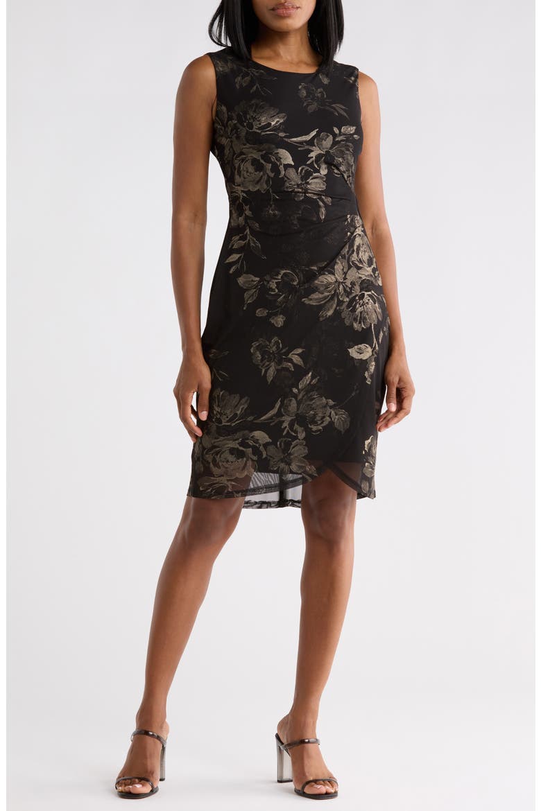 Metallic Floral Faux Wrap Dress, Main, color, BLACK/ GOLD