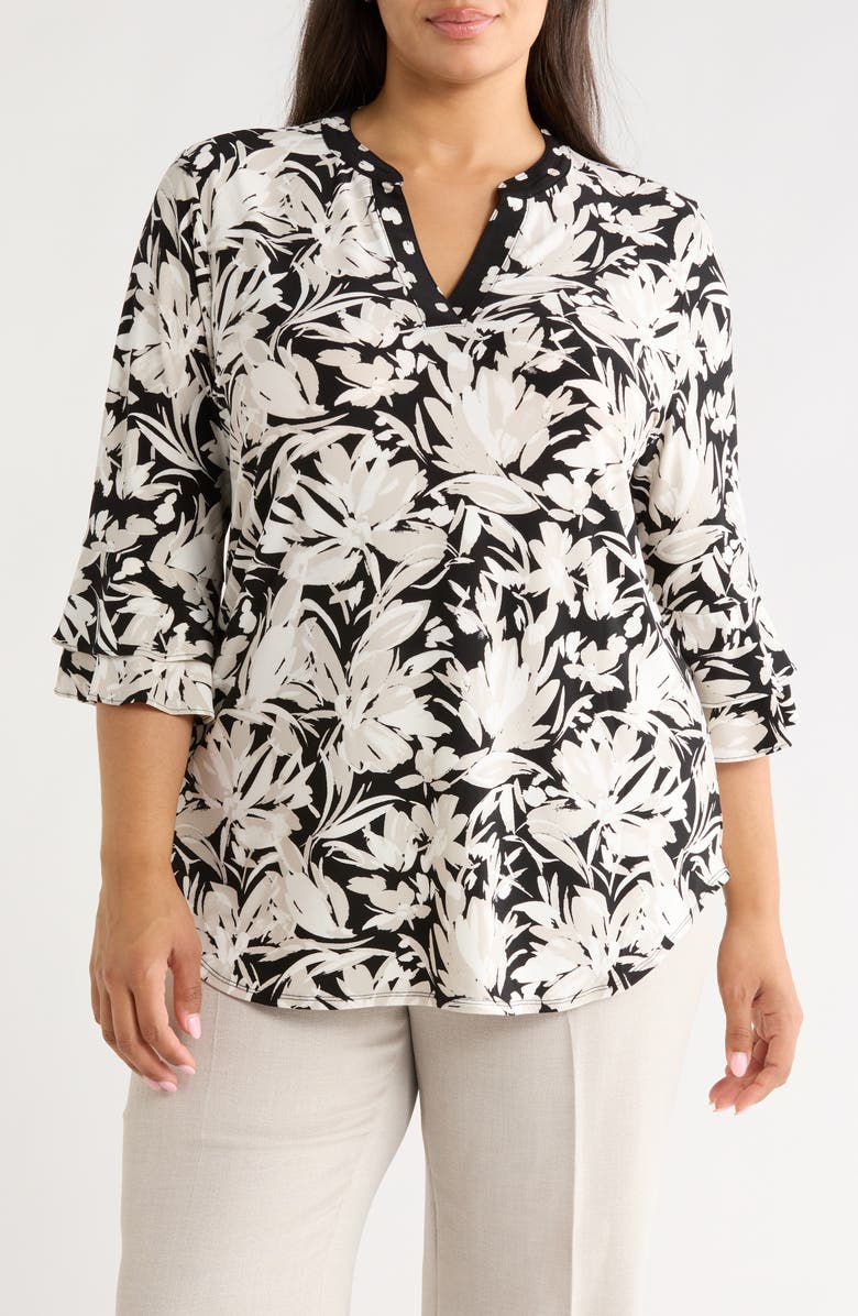 KASPER Floral Print Stretch Crepe Top, Main, color, Summer Straw Multi
