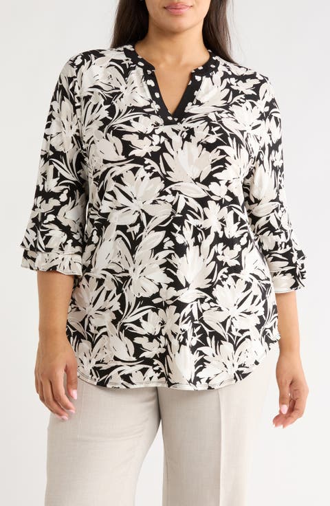 Floral Print Stretch Crepe Top (Plus)
