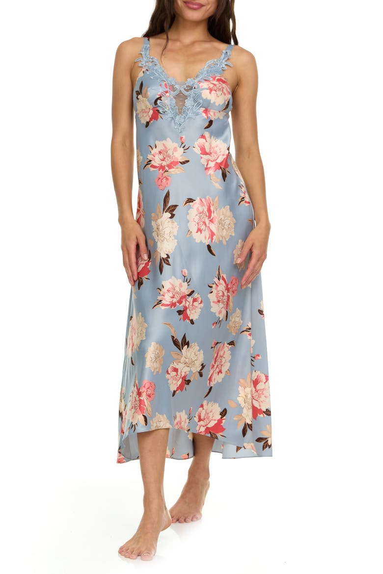 Stella Floral Empire Waist Satin Sleep Gown, Main, color, GREY