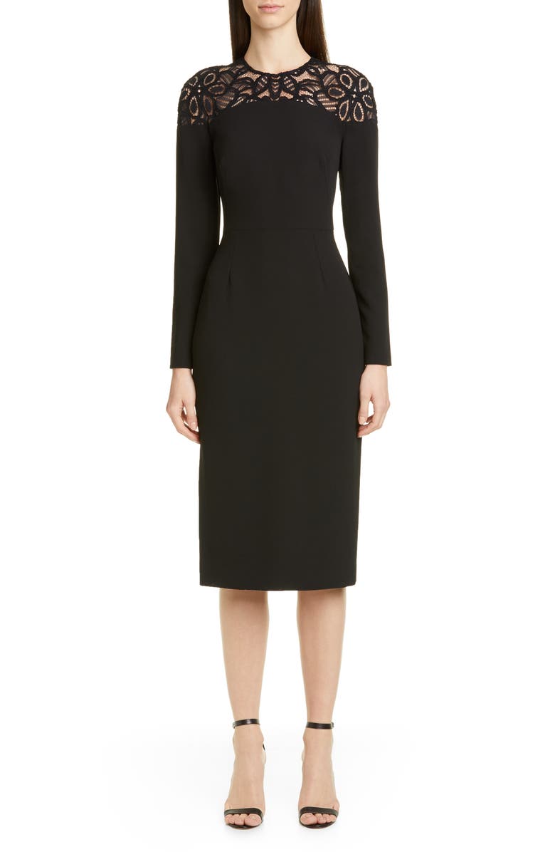 Lela Rose Lace Yoke Long Sleeve Midi Sheath Dress, Main, color, 