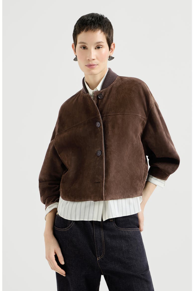 Couture suede outerwear jacket with monili, Main, color, Pine Cone Brown