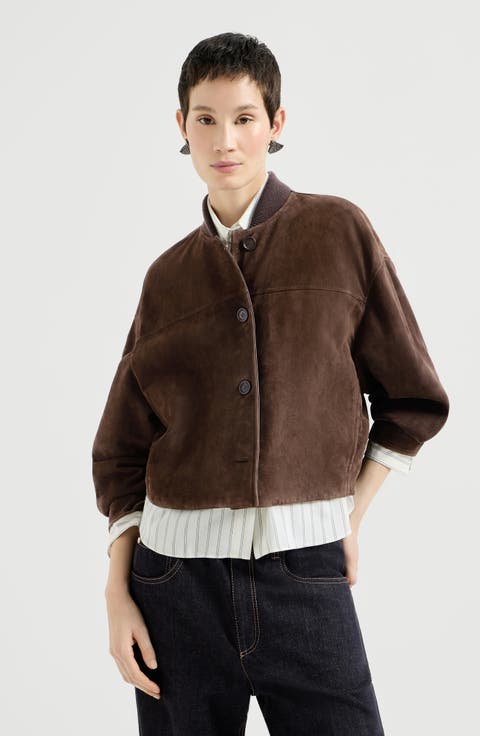 Couture suede outerwear jacket with monili