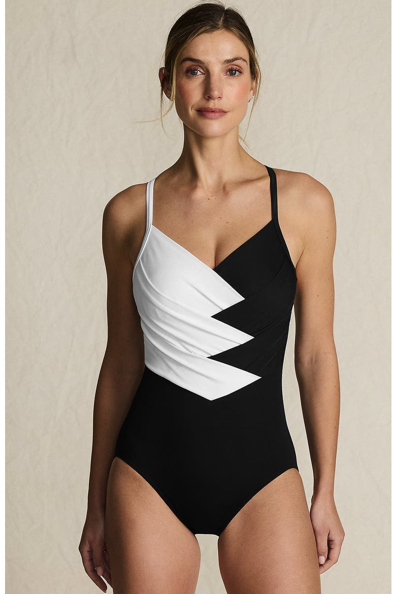 Slender Suit V-neck Pleated X-back One Piece Swimsuit Adjustable Straps, Main, color, Black/White