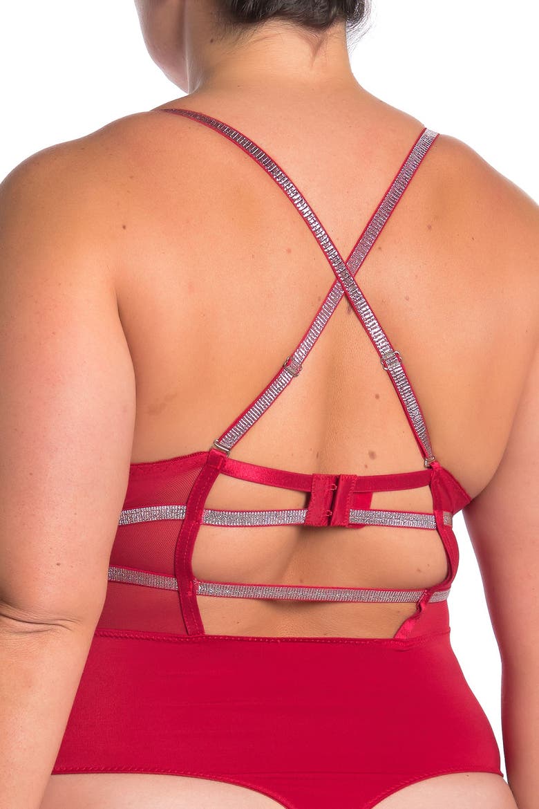 Lace Front Cutout Thong Bodysuit, Alternate, color, TANGO RED