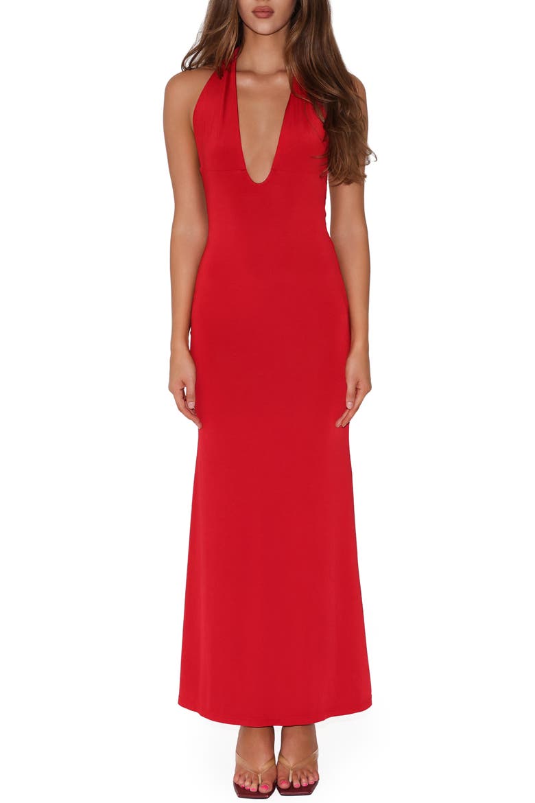 Solyne Plunge Neck Maxi Dress, Main, color, RED