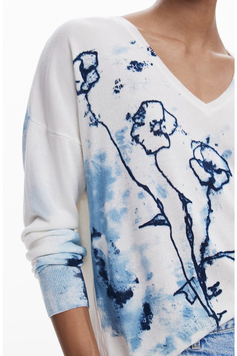 Floral V-Neck Sweater, Alternate, color, WHITE/ BLUE MULTI