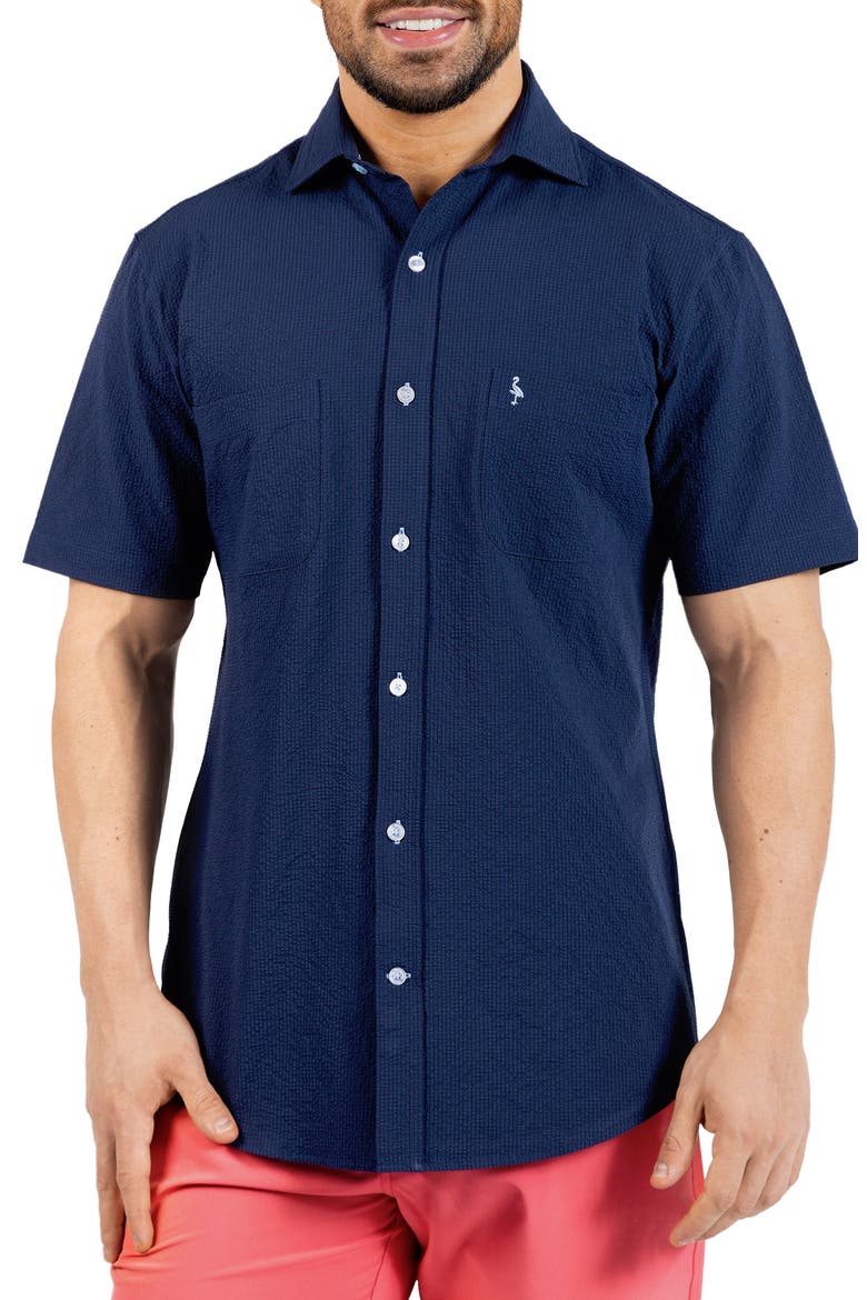 Seersucker Short Sleeve Button-Up Shirt, Main, color, NAVY