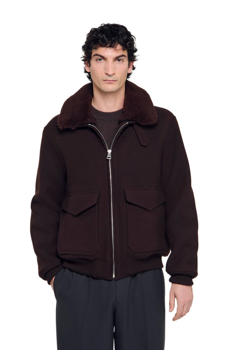 SANDRO Wool aviator jacket with shearling, Main, color, Chocolate