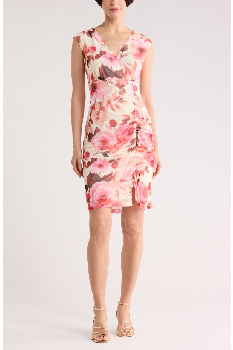Floral Ruched Mesh Dress, Main, color, IVORY