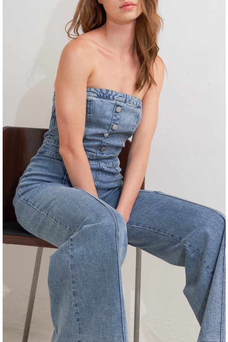 Strapless Flare Leg Denim Jumpsuit, Alternate, color, INDIGO DENIM