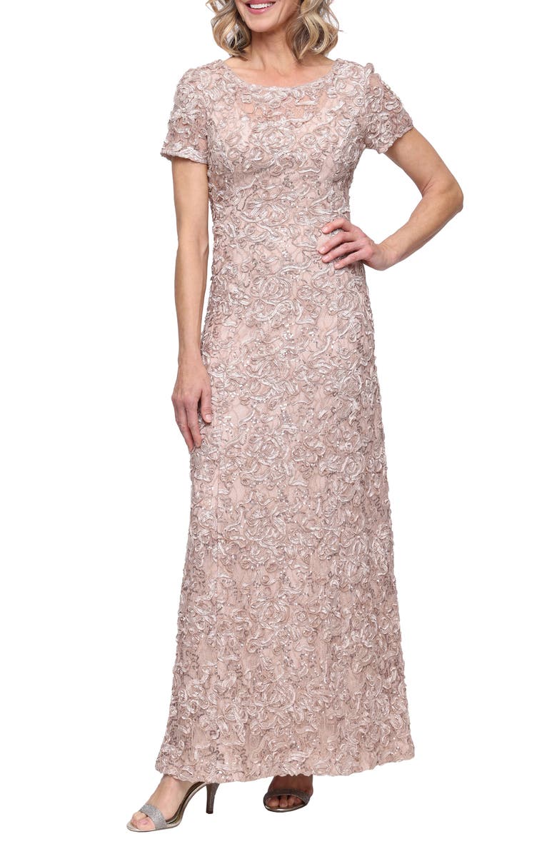 Alex Evenings Sequin Soutache Short Sleeve A-Line Gown, Main, color, Champagne