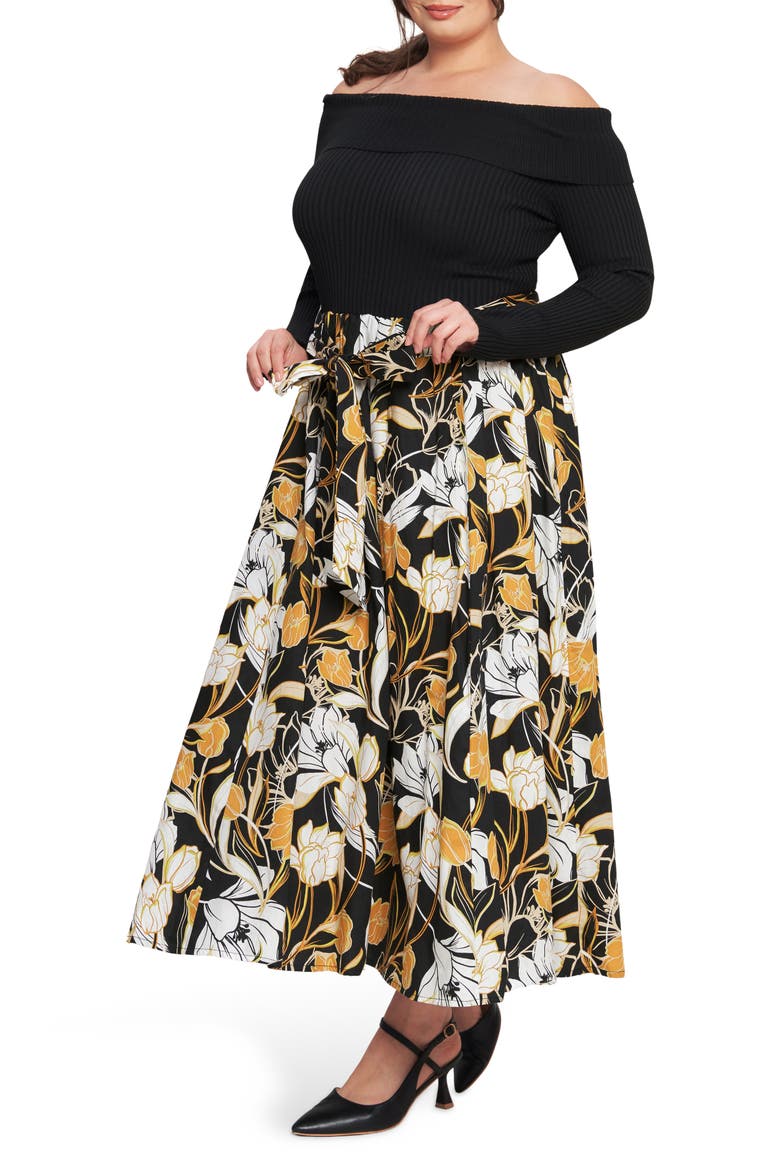 Off the Shoulder Long Sleeve Mixed Media Dress, Alternate, color, BLACK