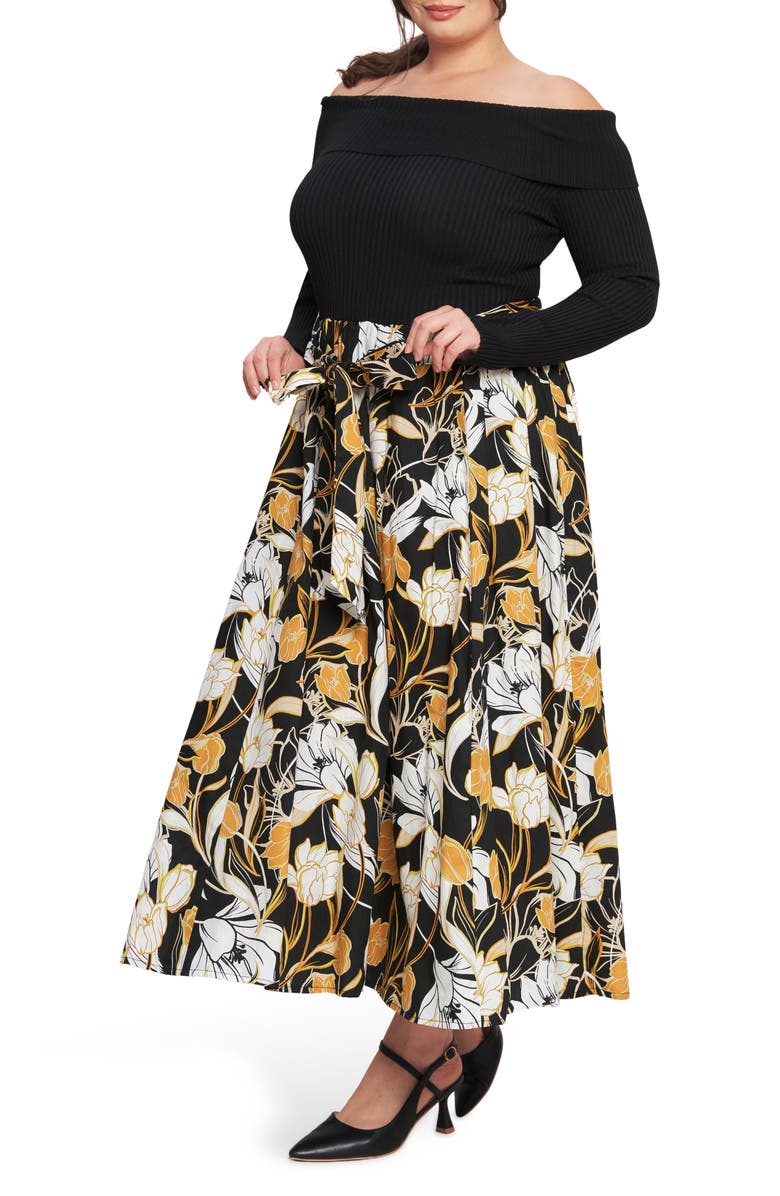 FLYING TOMATO Off the Shoulder Long Sleeve Mixed Media Dress, Alternate, color, Black