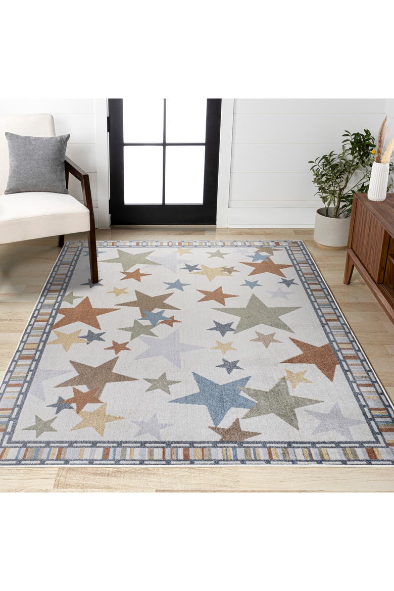 Star Gazer Geometric Machine-Washable Area Rug, Alternate, color, Ivory/Blue/Orange