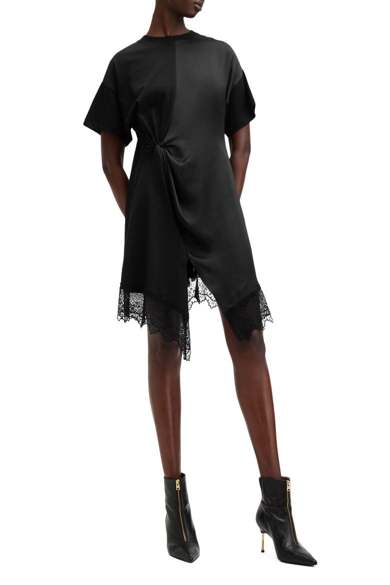 AllSaints Lana Mixed Media Lace Trim T-Shirt Minidress (Women
