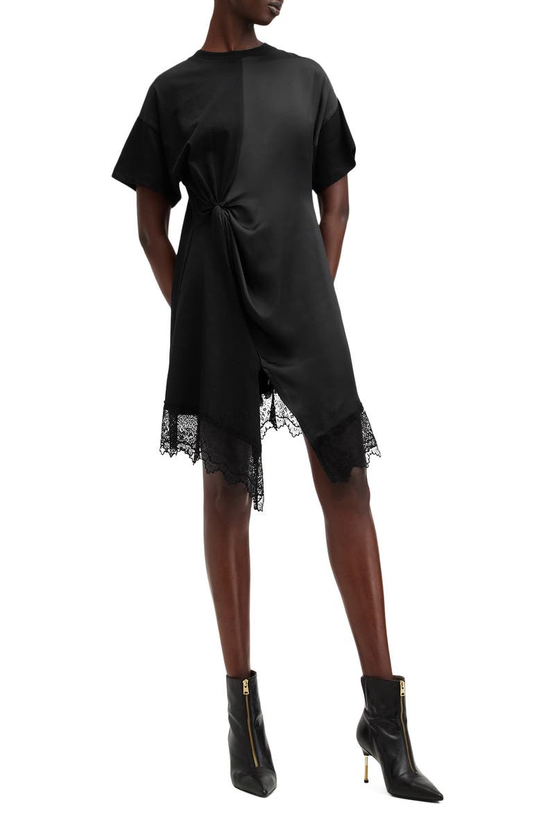 AllSaints Lana Mixed Media Lace Trim T-Shirt Minidress, Main, color, Black