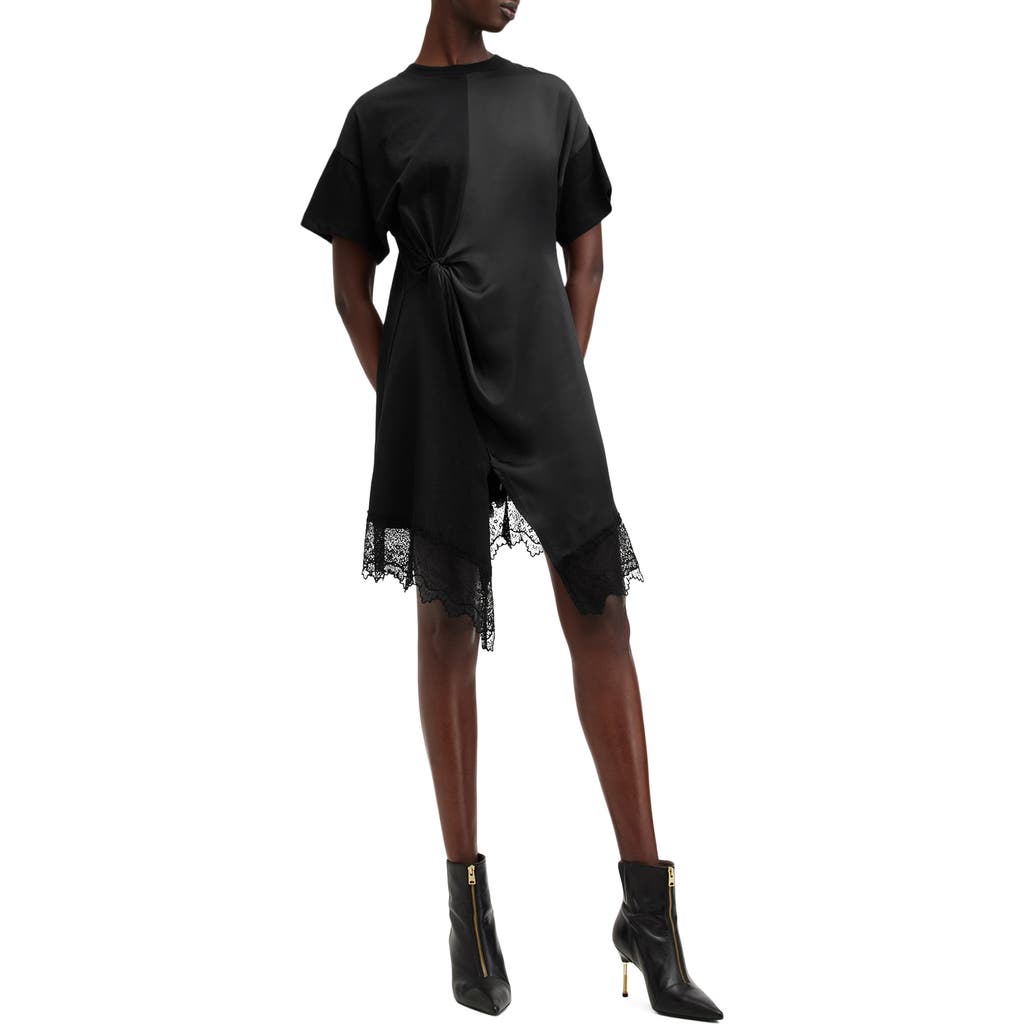 Allsaints Lana Lace-trimmed Knot-detail Mini Dress In Black