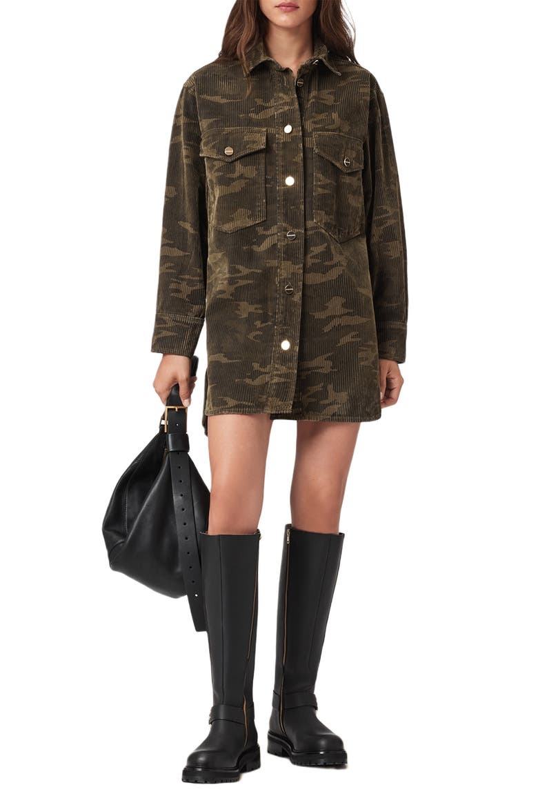 Faye Flocked Shirtdress, Alternate, color, CAMO GREEN