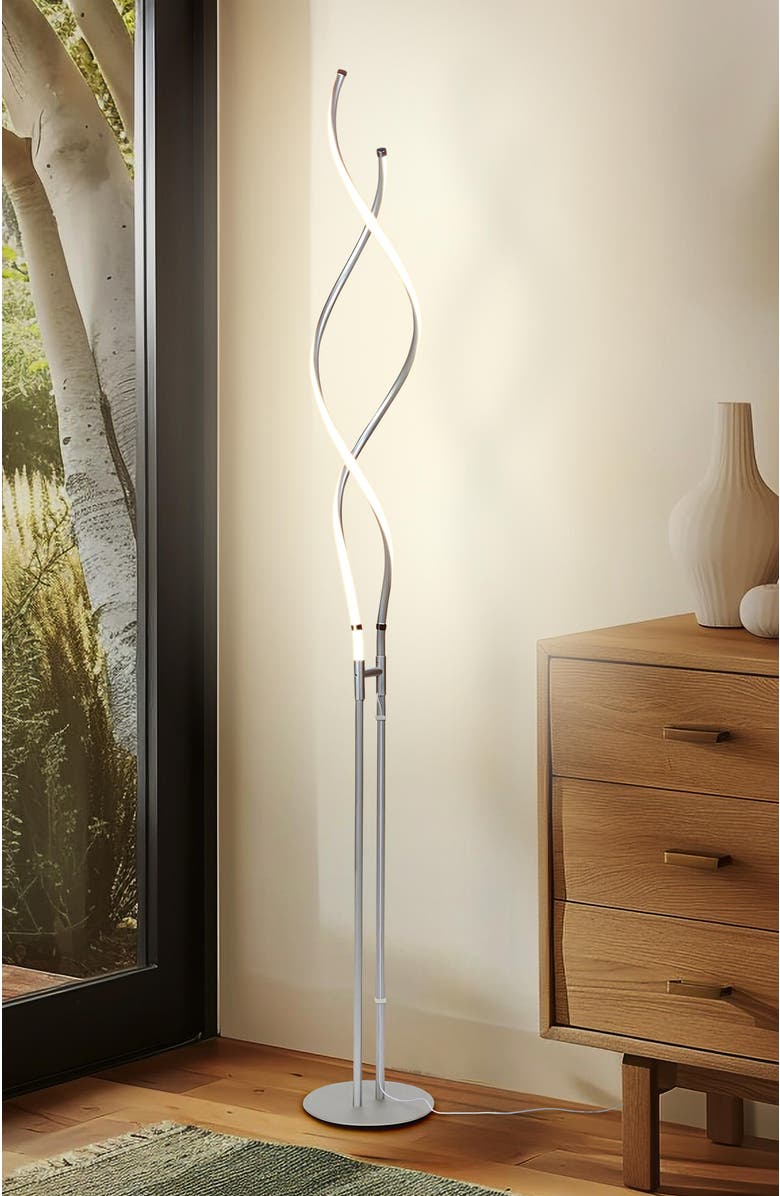 Brightech Embrace 60" LED Industrial 2-in-1 Table and Floor Lamp with Built-In Light Dimmer, Adjustable Height, Alternate, color, Polished Silver