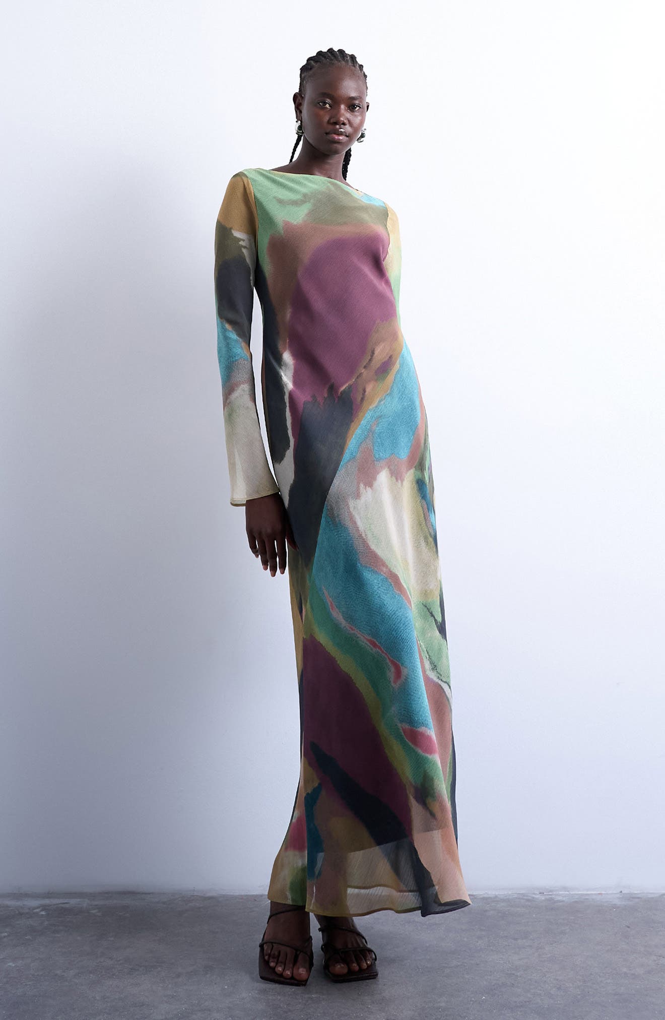 Topshop Abstract Print Long Sleeve Chiffon Maxi Dress