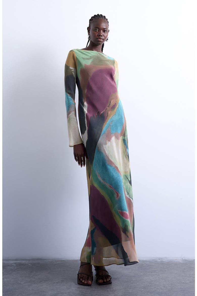 Abstract Print Long Sleeve Chiffon Maxi Dress, Main, color, BURGUNDY MULTI