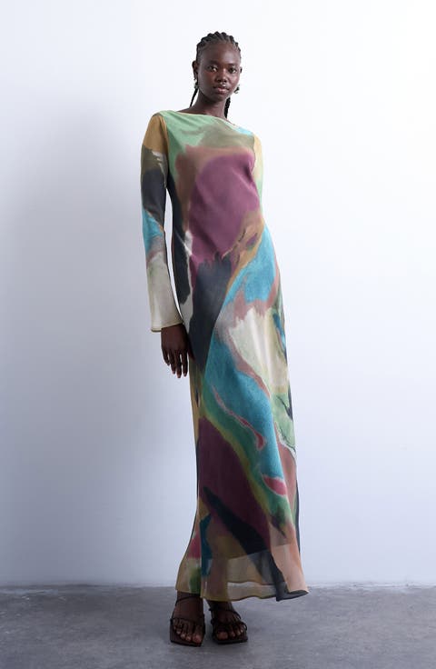 Abstract Print Long Sleeve Chiffon Maxi Dress