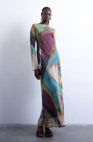 Topshop Abstract Print Long Sleeve Chiffon Maxi Dress