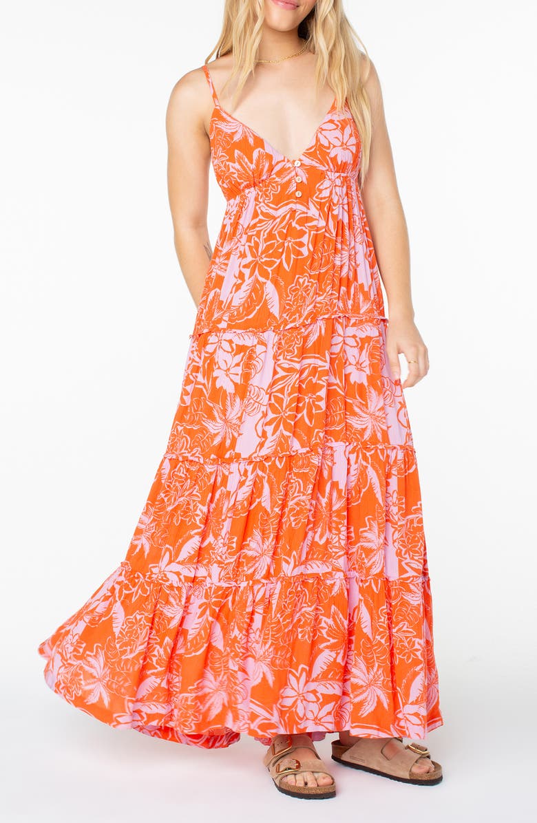 Roxy Warm Rays Floral Maxi Dress, Main, color, Tigerlily Tropicool Print