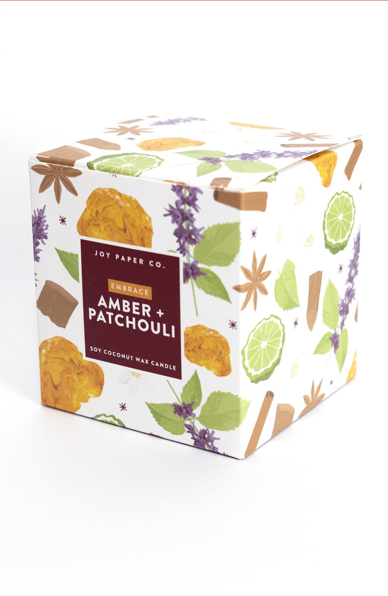 Joy Paper Co. Embrace Amber Patchouli Coconut Soy Candle, Alternate, color, White Glass