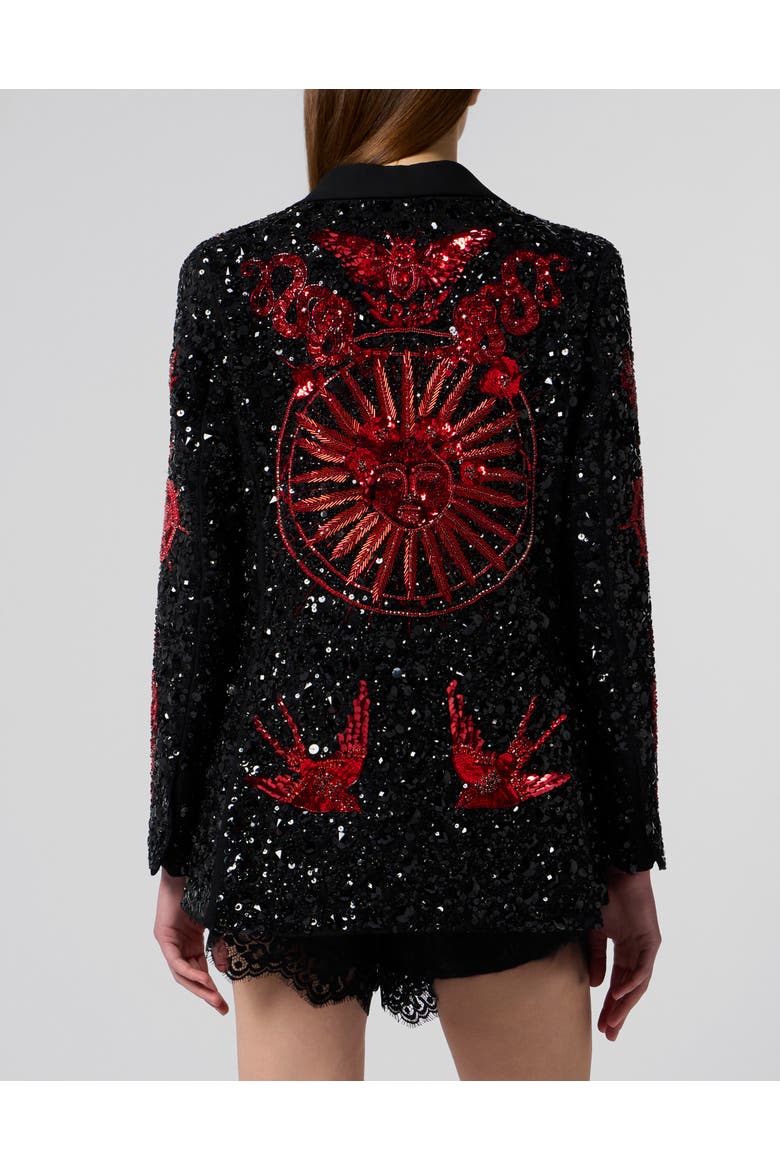 Boyfriend's Fit Blazer Butterfly Tattoo Paillettes Women, Alternate, color, black