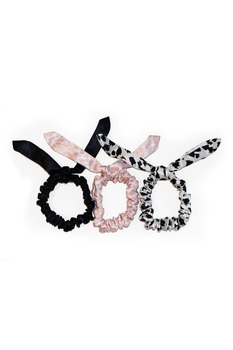 Pure Silk 3-Pack Bunny Hair Ties, Main, color, BLK/WHITE LEOPARD/PINK LEOPARD
