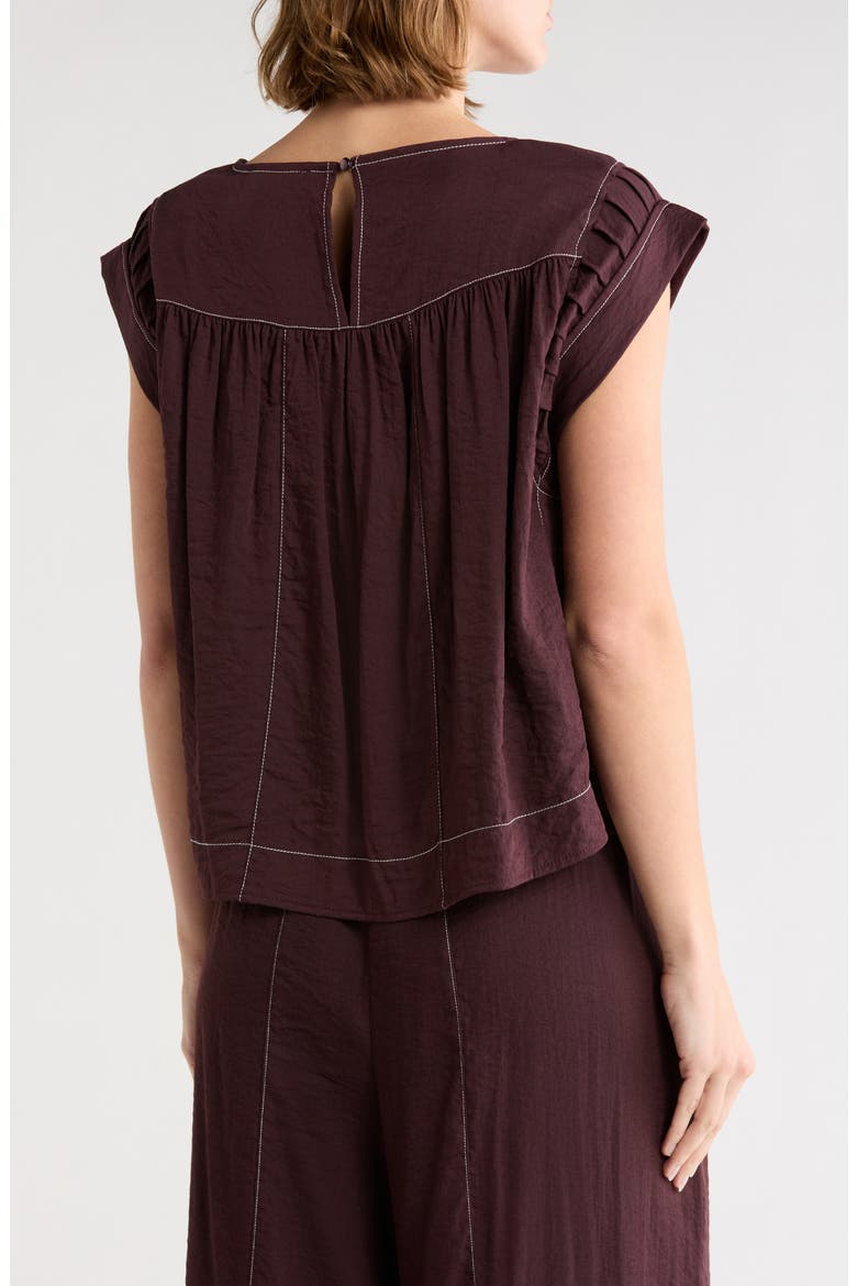 Crinkled Cap Sleeve Babydoll Crop Top, Alternate, color, CHOCOLATE/ IVORY