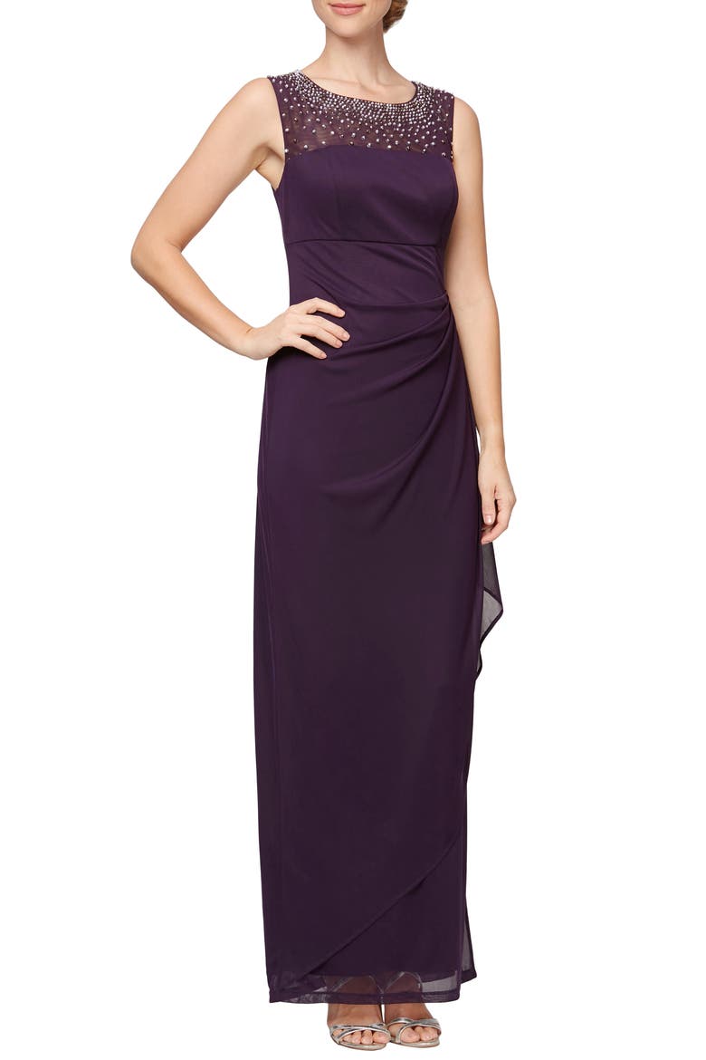Beaded Mesh Yoke Chiffon Gown, Main, color, EGGPLANT