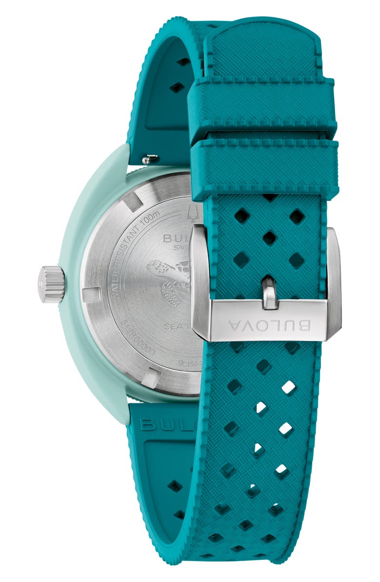 BULOVA Snorkel Sea Turtle Rubber Strap Watch, 41mm, Alternate, color, Green