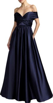 Mac Duggal Satin Off The Shoulder Twist Evening Ball Gown