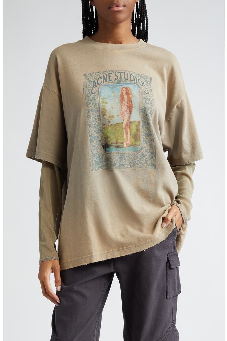 Edra Layered Look Distressed Cotton Graphic T-Shirt (Women