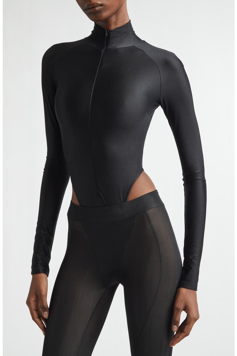 High Cut Zip-Up Bodysuit, Alternate, color, BLACK