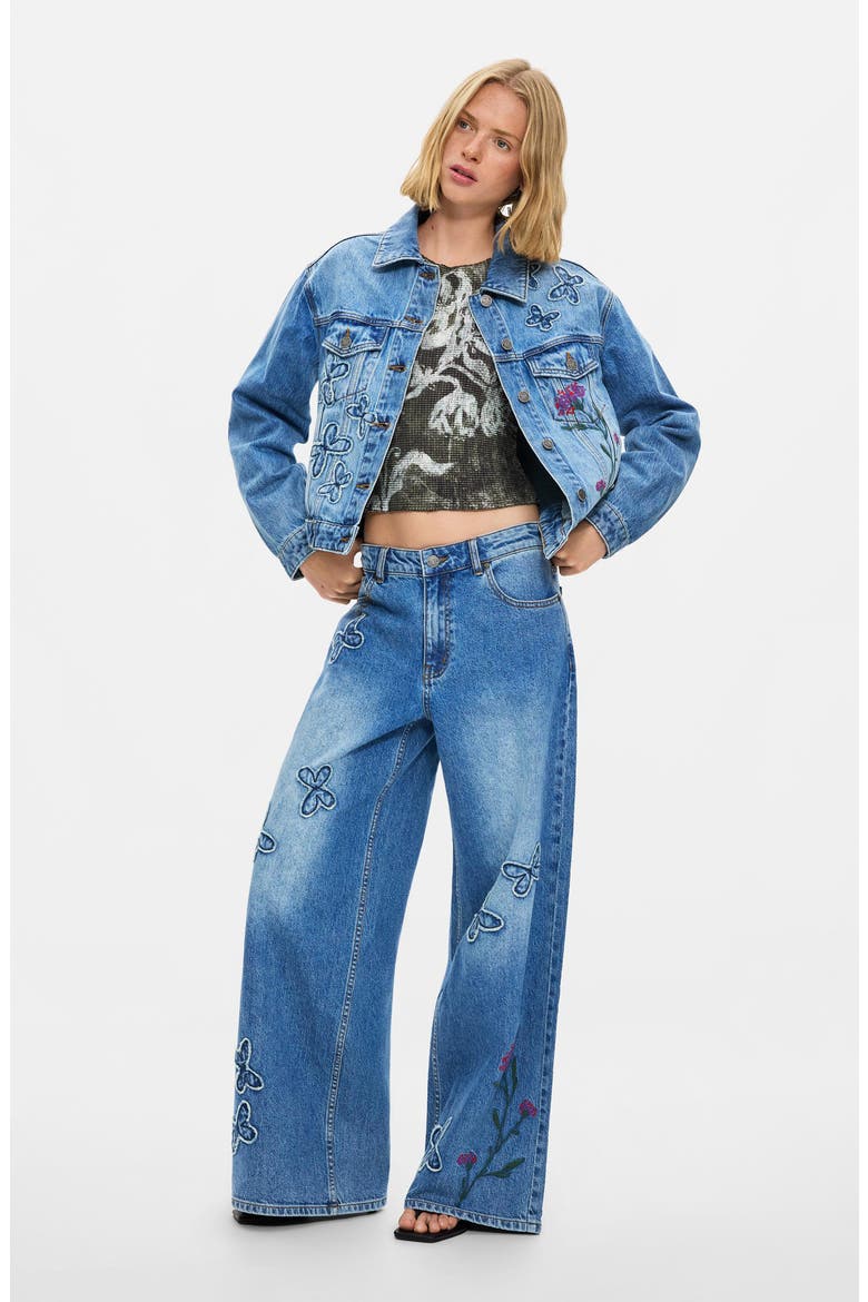 Embroidered Detail Denim Trucker Jacket, Alternate, color, MEDIUM BLUE