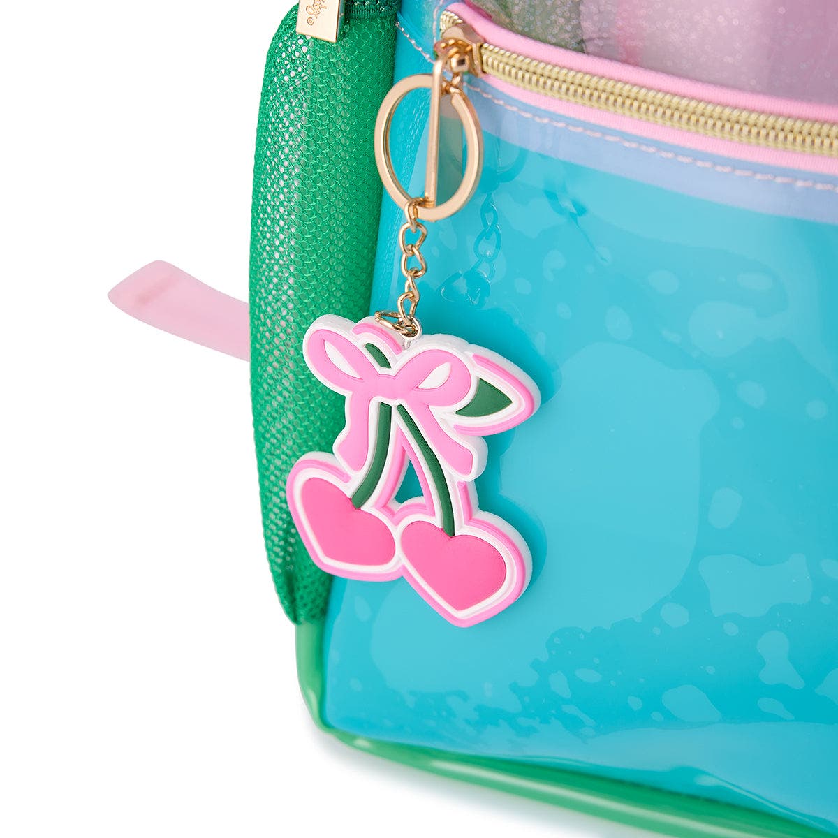 Colorblock Clear Backpack by Packed Party | Pink Glitter Panel, Blue Bow, Cherry Bag Charm | 17" Cute Backpack for Girls, Alternate, color, Multicolor