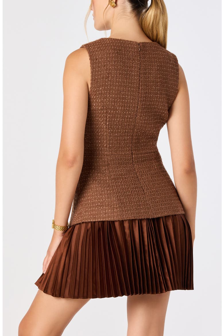 Allyson Tweed & Satin Pleated Minidress, Alternate, color, BROWN