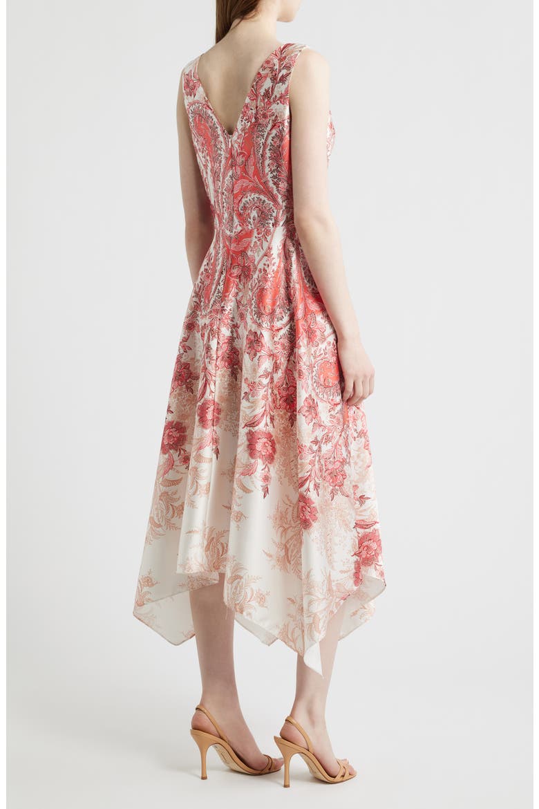 Scarf Print Handkerchief Hem Satin Midi Dress, Alternate, color, CORAL MULTI