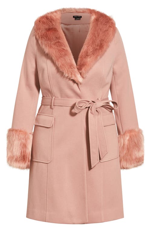 City Chic Blushing Belle Twill Coat With Faux Fur Collar In Pink
