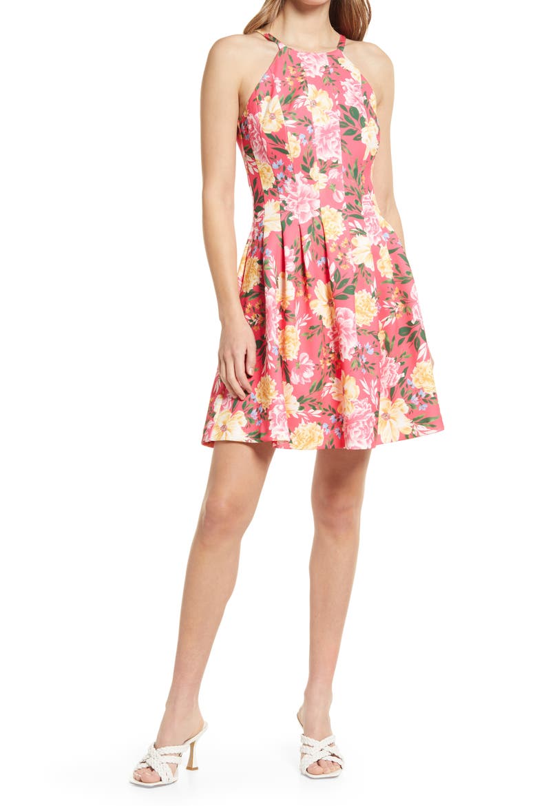 Floral Halter Neck Fit & Flare Scuba Dress, Main, color, HOT PINK