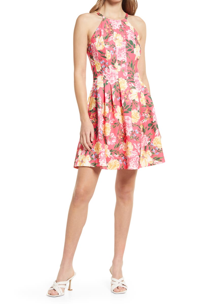Vince Camuto Floral Halter Neck Fit & Flare Scuba Dress, Main, color,