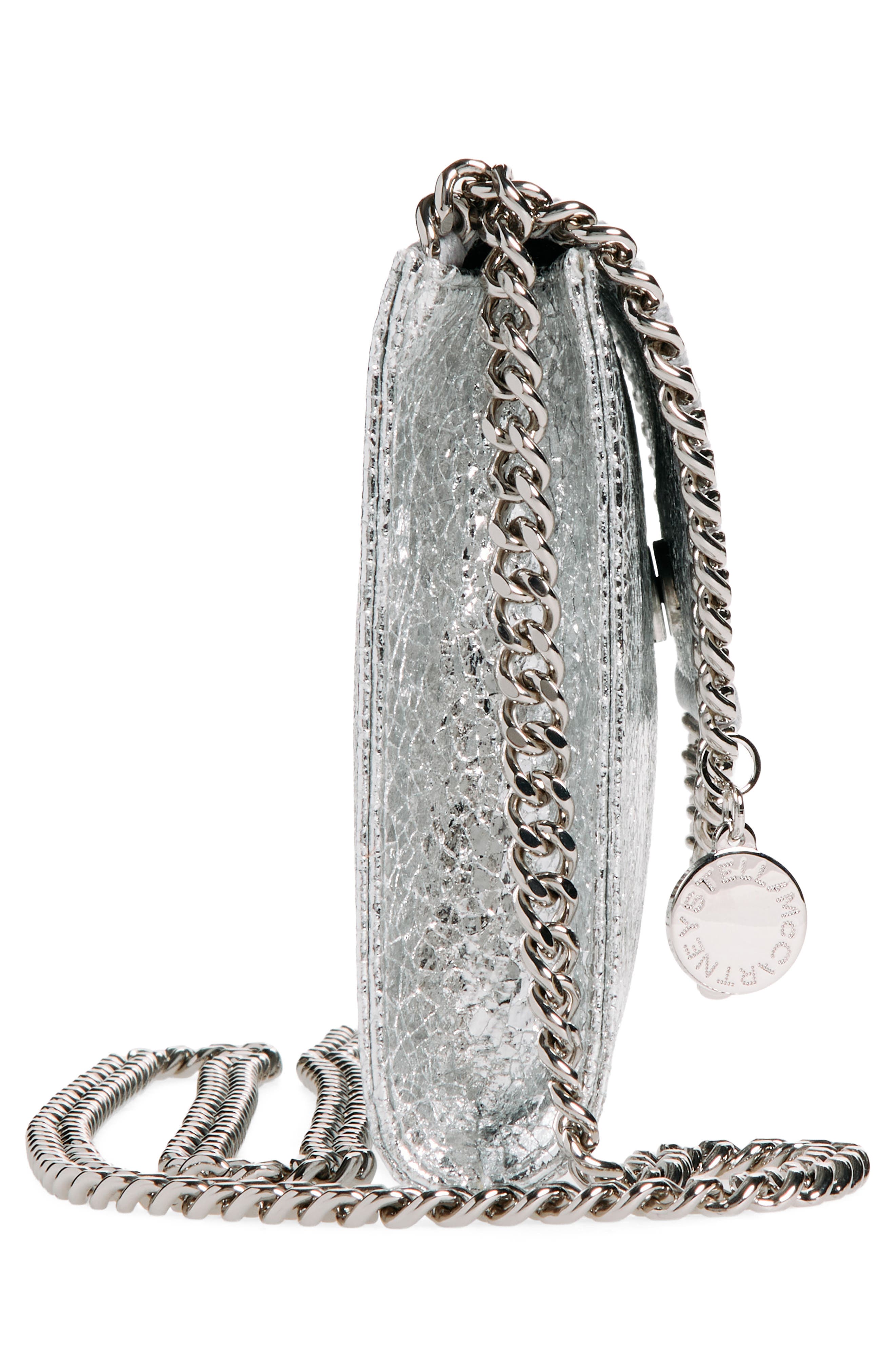 Stella McCartney Falabella Crinkle Metallic Faux Leather Wallet on Chain, Alternate, color, Silver