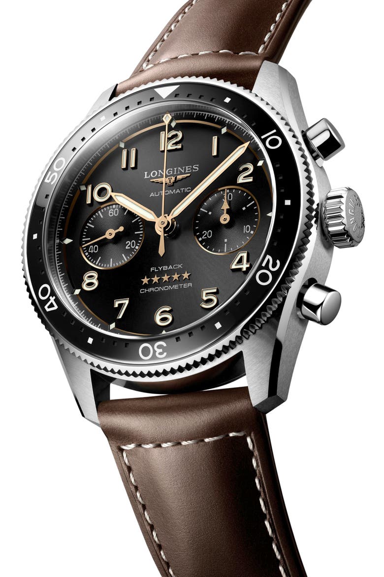Spirit Flyback Automatic Chronograph Leather Strap Watch, 42mm, Alternate, color, BLACK