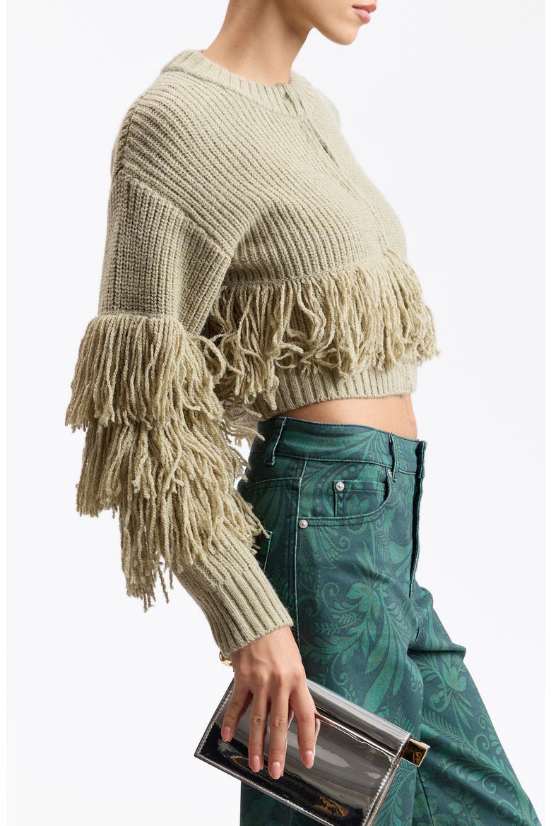 Fringe Cropped Cardigan, Alternate, color, SAGE